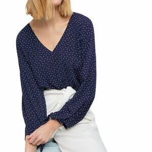 Maeve Anthropologie Pernille Tie-Sleeve Polka Dot Navy Blouse Size Small